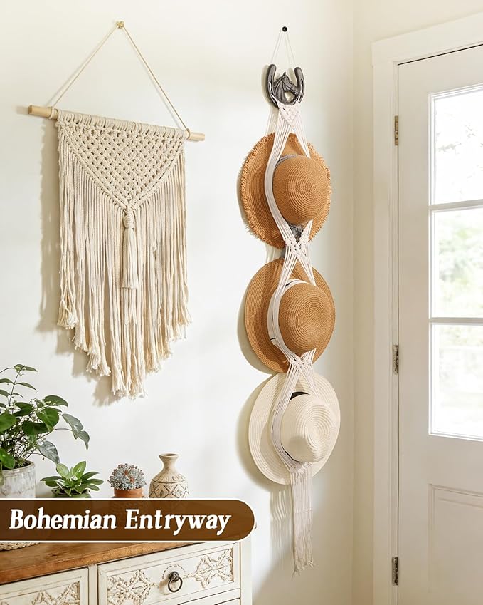 Macrame Wall Hat Rack Boho Hat Organizer Wall Mount with Cast Iron Horsehead Hanger Western Hat Holder for Women Wide Brimmed