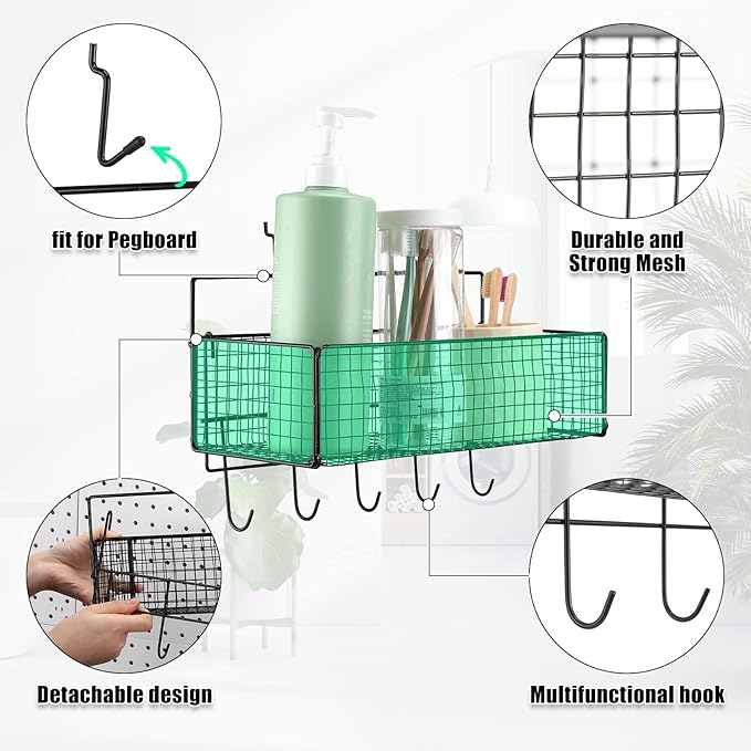 Shimeyao 2 Pcs Pegboard Accessories Set Including 2 Pegboard Baskets Bins with 5 Hooks 4 extra Hooks Black Metal Wire Basket 