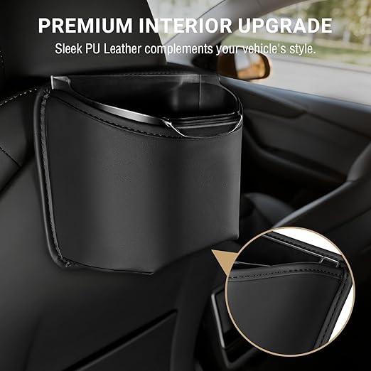 Car Trash Can with Removable Leakproof Liner – Clip On Trash Bin for Seat Back, Door Pocket & Headrest – Sturdy PU Leather Garbage Can Organizer for SUV, Truck & Sedan