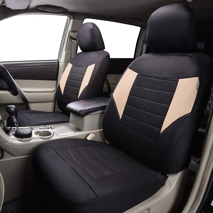 CAR PASS 6PCS Super Universal Fit Air Mesh Two Front Car Seat Covers Set Package-Fit for Vehicles,Suvs,Vans,Sedans,Airbag Compatiable (BLACK AND BEIGE)