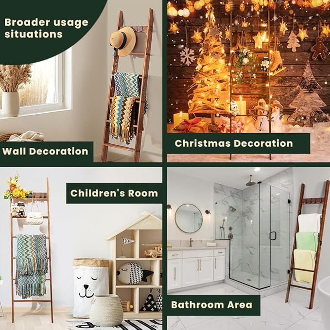 Decorative Wooden Blanket Ladder with Removable Hooks for The Living Room & Bedroom, Pine Wood, Easy Assembly 6-Tier Wall Lea