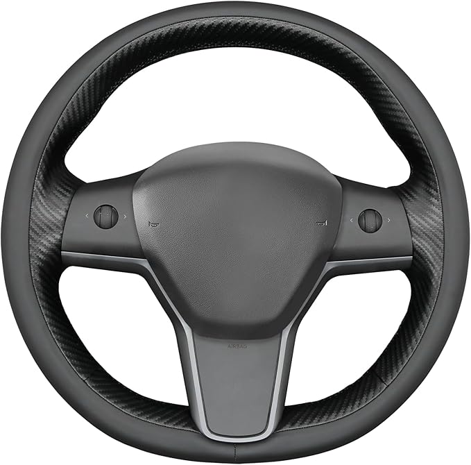 MEWANT Hand Stitched Real Leather Steering Wheel Cover for Tesla Model 3 2017-2023 / Model Y 2020-2023 for Tesla Model 3/Y Accessories(3D Style)