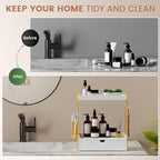 2 Tier Bathroom Counter Organizer with Drawer & Basket, Wooden Vanity Tray Countertop Shelf Accessories for Makeup Storage, C