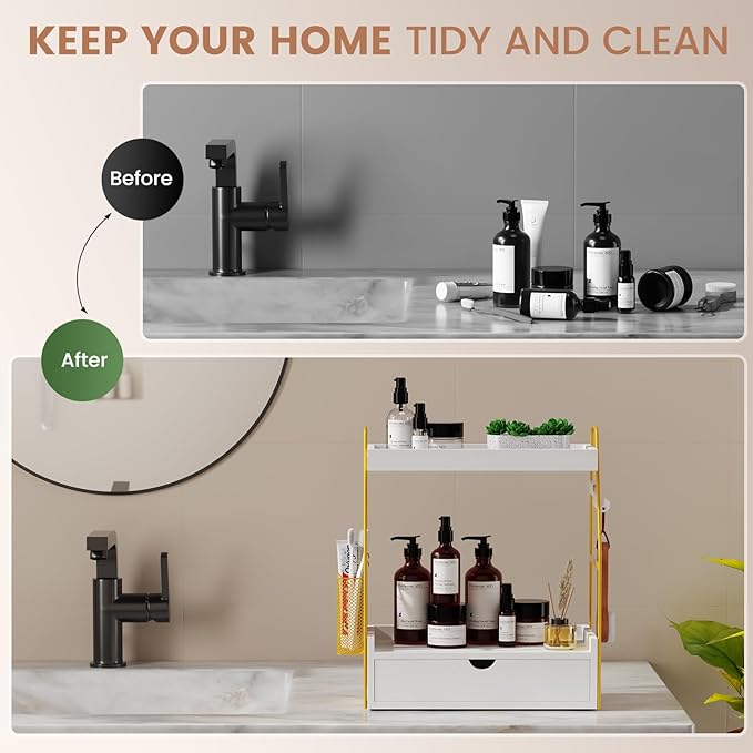 2 Tier Bathroom Counter Organizer with Drawer & Basket, Wooden Vanity Tray Countertop Shelf Accessories for Makeup Storage, C