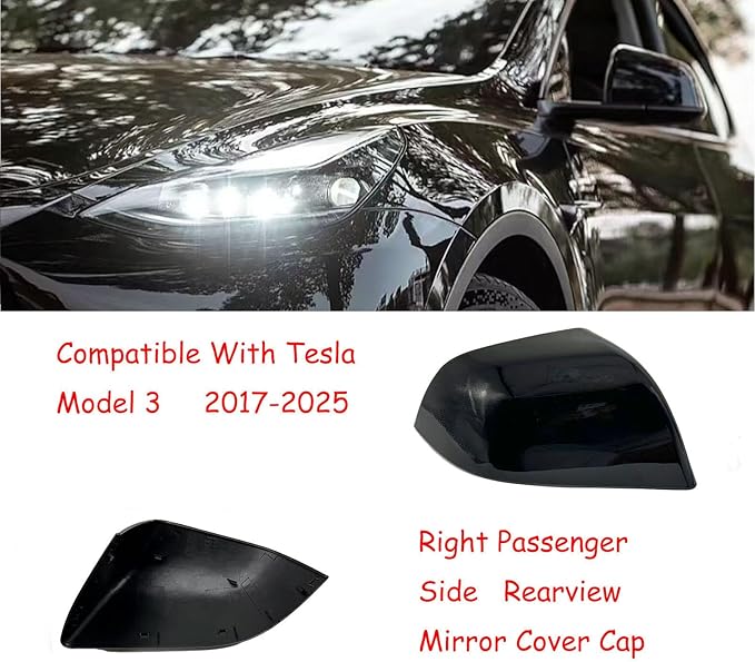 Compatible with Tesla Model 3 Side Mirror Cover Replacement 2017 2018 2019 2020 2021 2022 2023 2024 2025, Right Side Rearview Mirror Cover Cap for Model 3 Accessories(Black)