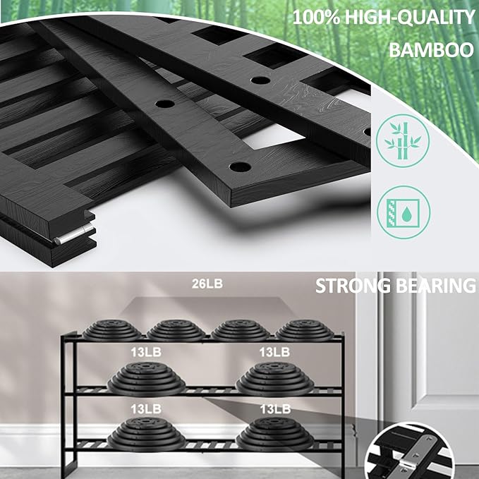 Jripae Bamboo Shoe Rack for Entryway, Stackable 3 Tier Shoe Organizer Shelf Storage 9-12 Pairs Shoes Stand Cubby for Closet D