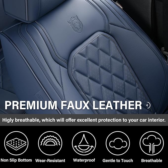 Coverado Car Seat Covers Full Set, Luxury Faux Leather Seat Covers for Cars, Waterproof Car Seat Protector, Blue Car Seat Cov