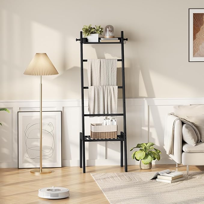 HOOBRO Blanket Ladder, 5 Tier Bamboo Ladder Shelf, Blanket Ladders for Living Room and Bedroom, Farmhouse Blanket Holder Rack