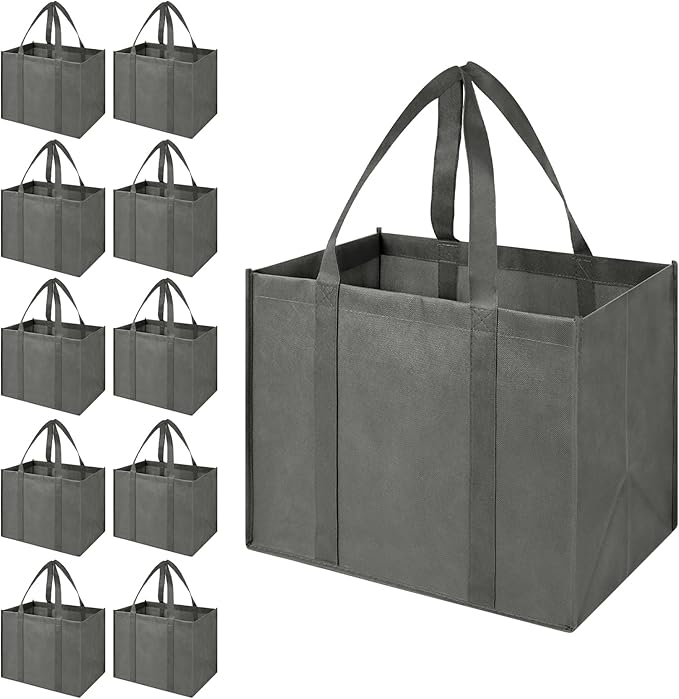 LadyRosian Reusable Grocery Bags Extra Large Foldable Shopping Bags 10 Pack Heavy Duty Kitchen Tote Bags with Handle Can Hold 45+lbs, Stands Upright, Foldable & Washable (Grey)