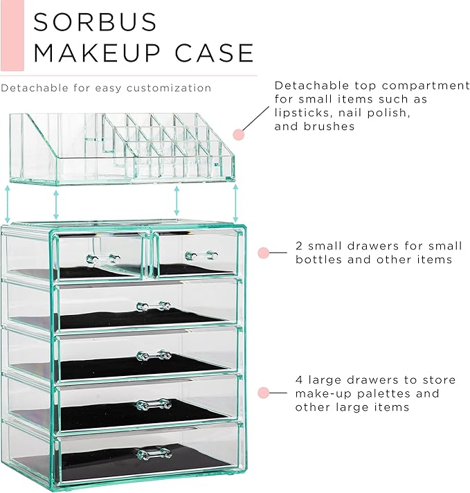 Sorbus Acrylic Makeup Organizer Set, 6-Drawer Vanity & Countertop Cosmetic Storage with Small & Wide Compartments, Teal Thril