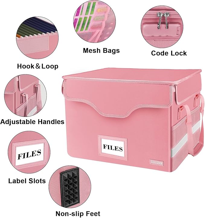DocSafe Fireproof Document Box with Lock,File Storage Organizer with Zipper Pockets,Collapsible Portable File Box Home Office