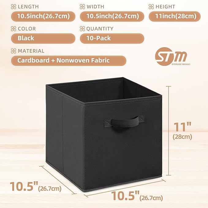 STORAGE MANIAC Storage Cubes, 11 Inch Collapsible Storage Bins with Handles, 10 Pack Fabric Foldable Bins for Organization, D