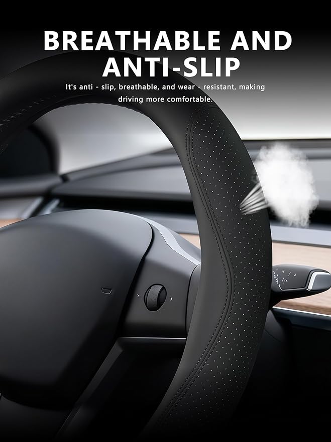 Custom Fit for Tesla Steering Wheel Cover Model 3 (2017-2026) & Model Y (2020-2026), Leather Designed for Tesla Highland/Juni