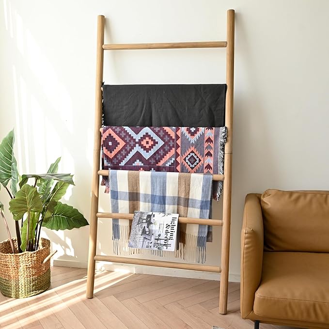 FUIN 6.4ft Extra Wide Wood Blanket Ladder Living Room Decorative Wall Leaning Farmhouse Quilt Display Holder Rustic Wooden To