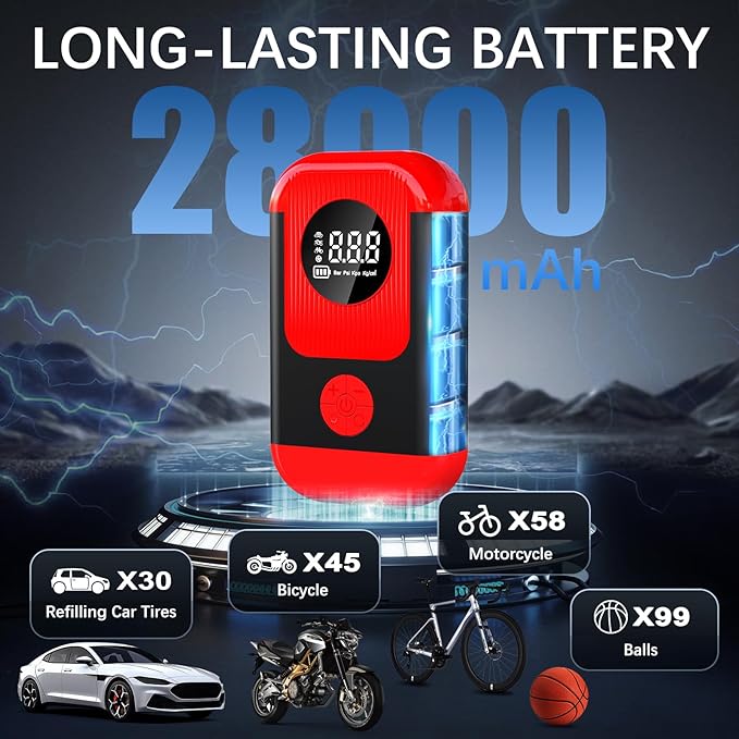 Tire Inflator Portable Air Compressor & Car Jump Starter, Cordless Air Pump with LED Light & Pressure Gauge for