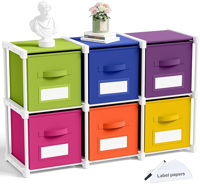 Geelin 6 Cube Toys Storage Organizer with Fabric Bins and Labels, 11 Inch Collapsible Cubby Storage Drawers Colorful Dresser 