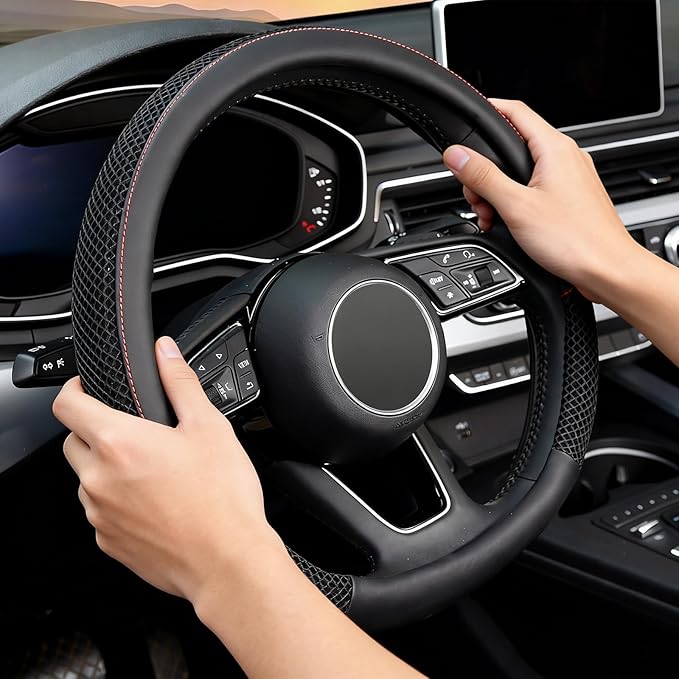 KAFEEK D Shape Steering Wheel Cover, Universal 15 inch, Microfiber Leather Viscose, Breathable, Anti-Slip,Warm in Winter and 