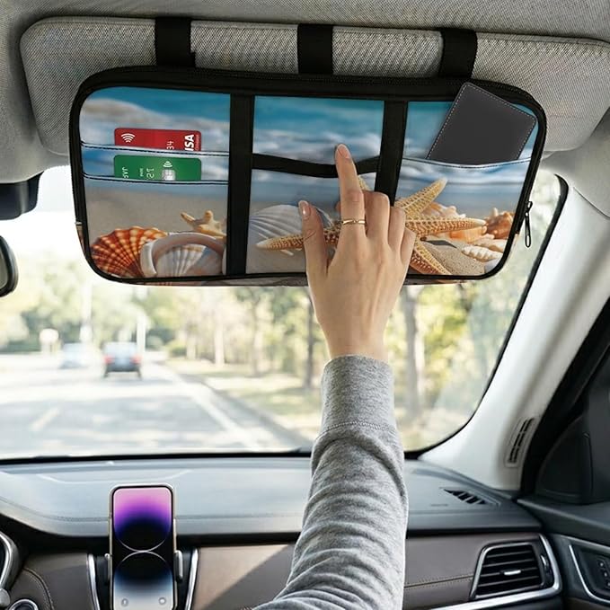 Beach Starfish Shell Car Visor Organizer Scratch-Resistant Sunvisor Organizers Auto Interior Car Accessories with Zipper Visor Storage Pouch Fits Most Vehicles, SUVs, Trucks Keep Tidy