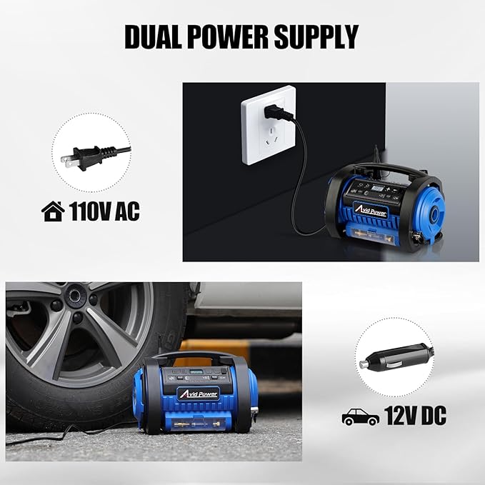 AVID POWER Tire Inflator Portable Air Compressor, 12V DC 110V AC Car Tire Pump, Air Mattress Pump with Inflation and Deflation Modes, Dual Powerful Motors, Digital Pressure Gauge