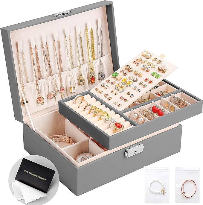 Jewelry Box for Women Girls 2 Layer Leather Travel Jewelry Organizer Storage Case with Lock and Removable Tray for Necklace E