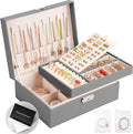 Jewelry Box for Women Girls 2 Layer Leather Travel Jewelry Organizer Storage Case with Lock and Removable Tray for Necklace E
