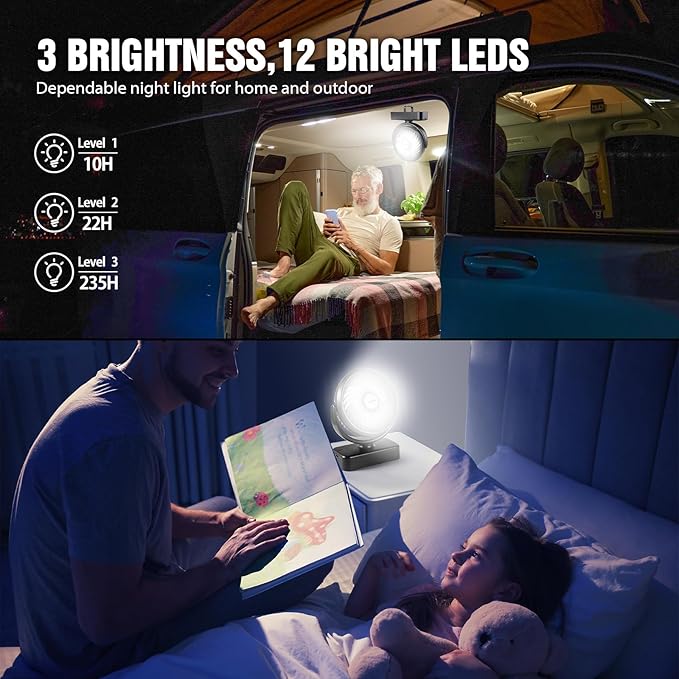 Portable Camping Fan with LED Lantern- 40H Work Time Rechargeable Battery Operated Fan with Hanging Hook for Tent Car RV Hurr