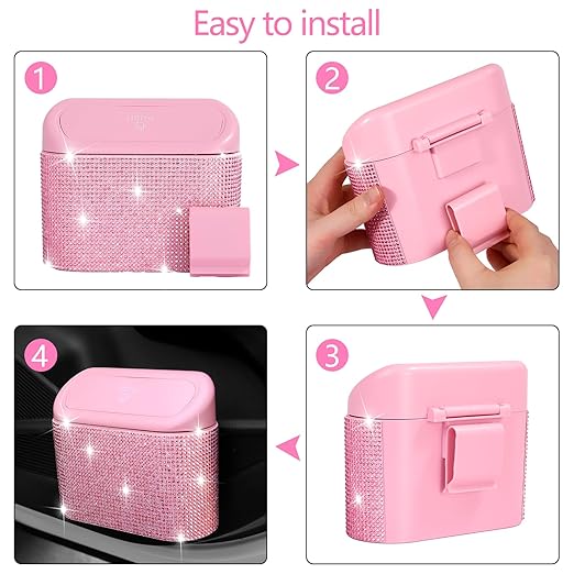 NBTEPEM Bling Pink Car Trash Can with Lid, Mini Auto Garbage Can with 30 Trash Bags, Automotive Garbage Container Bin, Bling Car Accessories Trash Can for Women (Pink Diamond)