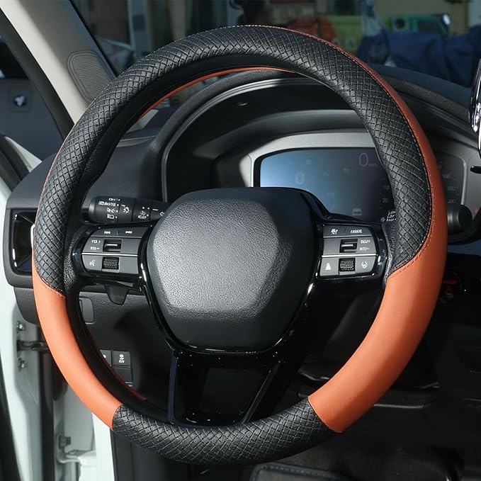 LABBYWAY Car Steering Wheel Cover, Leather, Universal 15 Inch Fit, Anti-Slip & Odor-Free,Brown