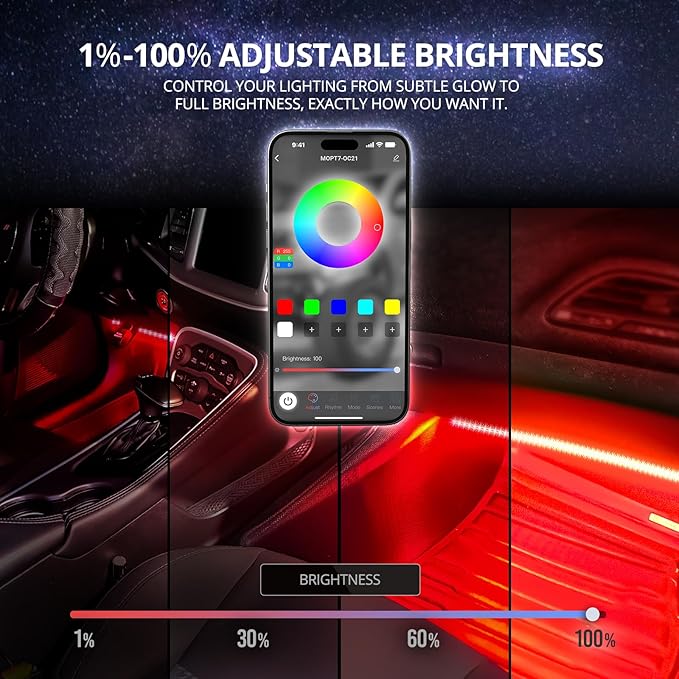 OPT7 Aura DreamColor RGB-IC LED Car Interior Light Strips, 4PC Interior Ambient Lighting Kit with APP & Remote Control, 12V Color Chasing Lights Universal for SUV Trucks Pickups Van, Easter Gifts