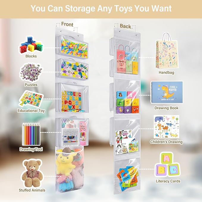 Woodoulogy Hanging Toy Storage over Door, Block Stuffed Animal Organizer Idea with 4 Removable Case Bag, Bi-Fold Closet Holde