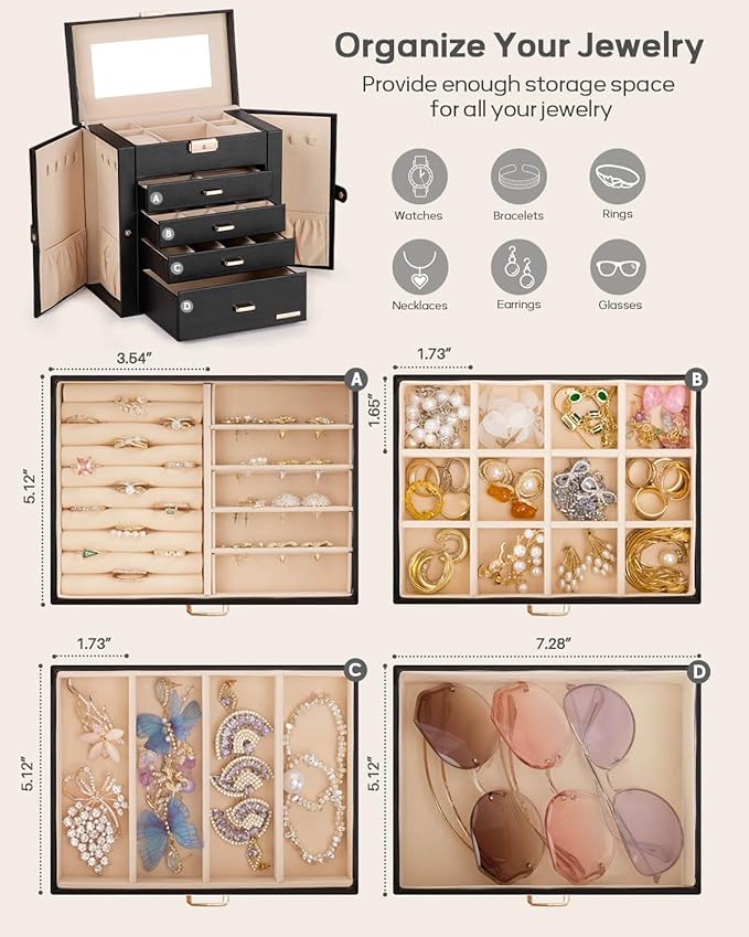 Homde Synthetic Leather Huge Jewelry Box Mirrored Watch Organizer Necklace Ring Earring Storage Lockable Gift Case (Black + G
