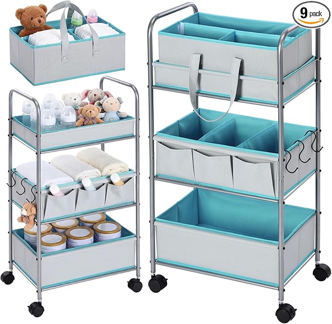 FoldTier 2in1 Colorful Baby Diaper Caddy Organizer Cart 3 Tier Large Capacity Metal Utility Bedside Rolling Cart with Divider