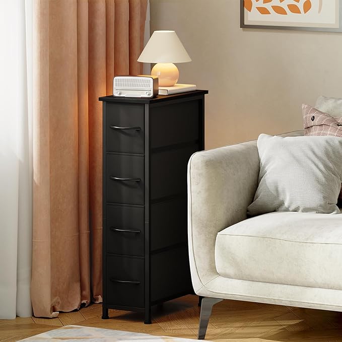 Somdot Narrow Dresser with 4 Drawers, Slim Storage Organizer Chest of Drawers with Removable Fabric Drawers for Small Spaces 
