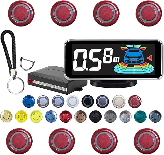 Backup Parktronic System Car Auto Vehicle Reverse with 8 Parking Sensors kit, LCD Display, Distance Detection (Meter/Foot Switchable), Buzzer Alarm and Voice Prompt Function（Red）