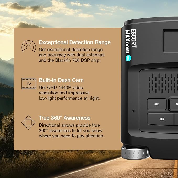 Escort MAXcam 360c Laser Radar Detector and Dash Camera - Great Range, 360° Protection, Shared Alerts, Incident Reports, Appl