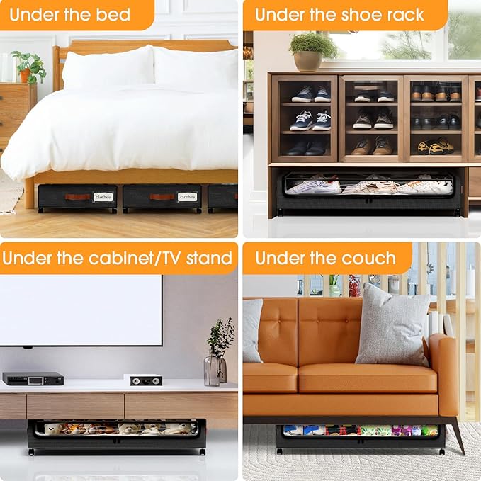 Under Bed Storage with Wheels 3Pack Storage Containers with Clear Window&Label Under Bed Drawers Rolling Under Bed Storage fo
