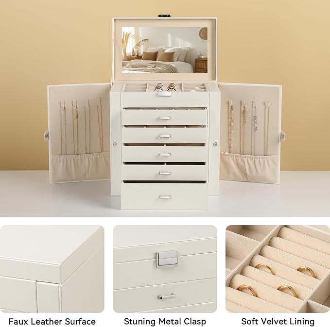 Frebeauty Large Jewelry Box,6-Tier PU Leather Jewelry Organizer,Multi-functional Storage Case with Mirror,Accessories Holder 