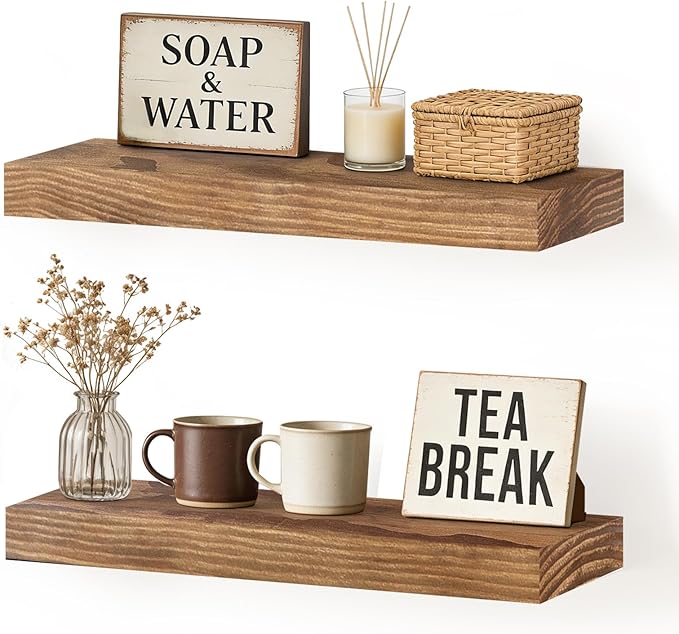 Floating Wall Shelf 16x6.8x1.7 Inch – Solid Wood Shelf in Dark Oak Finish – Wall Mounted Rustic Display Organizer for Bathroo