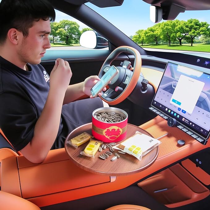 Car Tray & Car Desk for Laptop with 360° Rotating Wooden Car Laptop Mount Car Table Car Food Tray – Universal Steering Wheel Table for Tesla Model Y/3/S, Ford F-150 Explorer & Most Vehicles