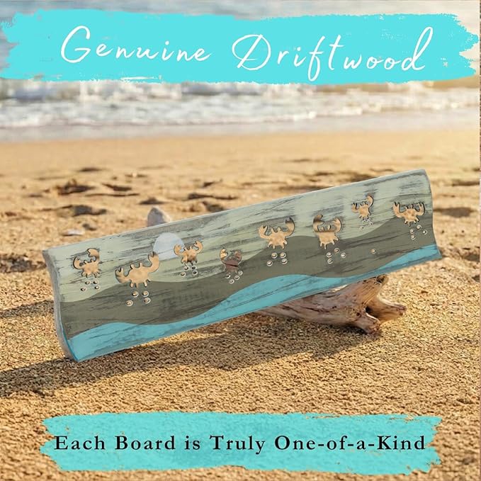 Crab Driftwood Wall Art & DIY Key Holder – Handmade Coastal Home Decor – 17.5" Genuine Weathered Wood Plank with 5 Removable 