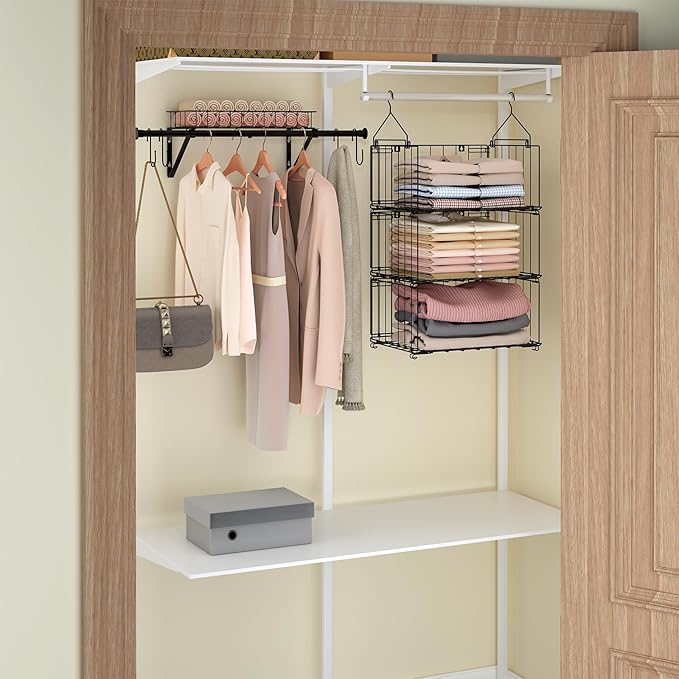 bukfen 3 Tier Hanging Closet Organizer, Wall Mounted Wire Storage Shelf with 4 Hooks, Foldable Stackable Organizer for Laundr