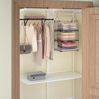 bukfen 3 Tier Hanging Closet Organizer, Wall Mounted Wire Storage Shelf with 4 Hooks, Foldable Stackable Organizer for Laundr