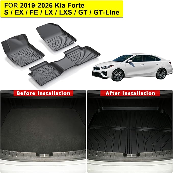 TPE Floor Mats & Cargo Liner for 2019-2024 Kia Forte All Weather Car Floor Liners Fit S/EX/FE/LX/LXS/GT/GT-Line Accessories Black