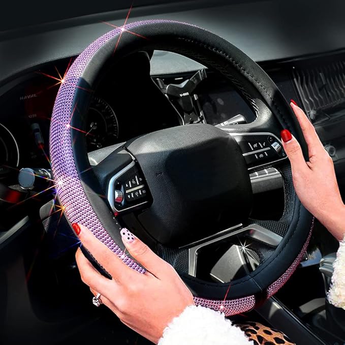 ChuLian New Diamond Leather Steering Wheel Cover with Bling Bling Crystal Rhinestones, Universal Fit 15 Inch Car Wheel Protec