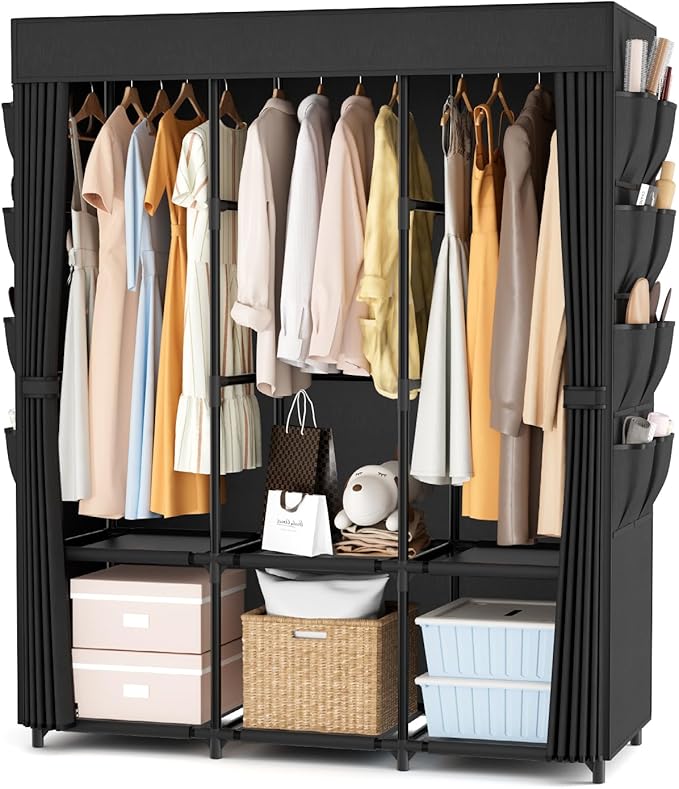 Wardrobe Closet Portable Closets for Hanging Clothes Large Capacity Clothes Rack with Cover, 3 Hanging Rods, 6 Shelves and 8 
