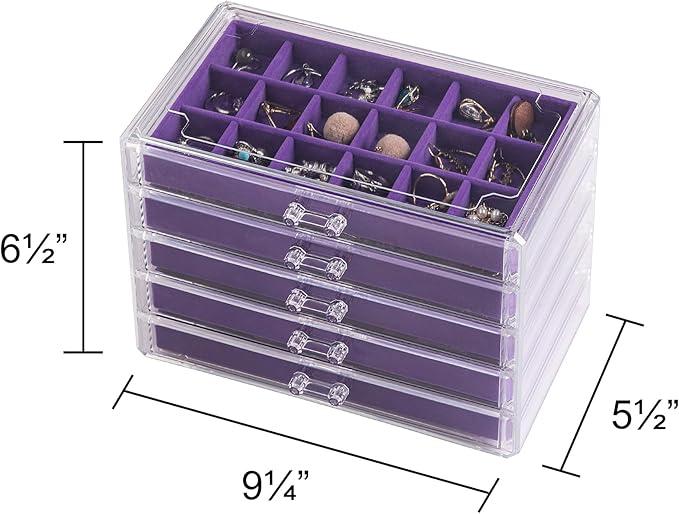 Frebeauty Acrylic Jewelry Organizer Earring Organizer Box with 5 Drawers Earring Holder Organizer with Velvet Trays Clear Jew
