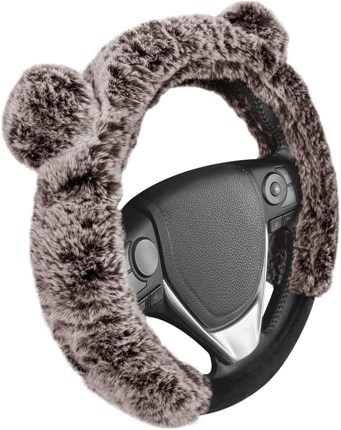 BDK Bear Fur Steering Wheel Cover, Plush Faux Fur Fuzzy Steering Cover for Car Truck Van SUV, Standard Size Fits Wheels 14.5-
