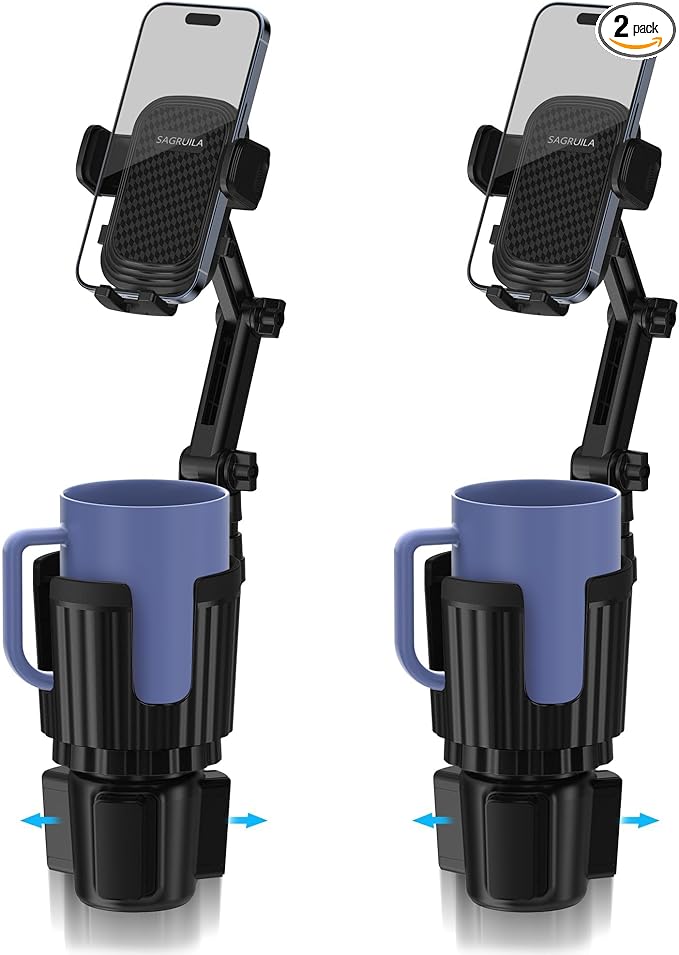 2 Pack Phone Holders for Your Car Cupholder, 2 in 1 Cell Phone Holder Mount with Cup Holder Expandable Base, 360 Degree Rotat