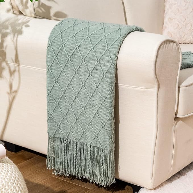 BATTILO HOME Sage Green Throw Blanket for Couch, Boho Bed Throws Blanket, Spring Decorative Light Blue Throw Blanket for Sofa