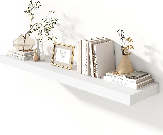 12 Inch Deep Floating Shelves | 55 Inch White Floating Shelves | 55" W x 12" D Rustic Wood Shelves for Wall | Deep White Shel